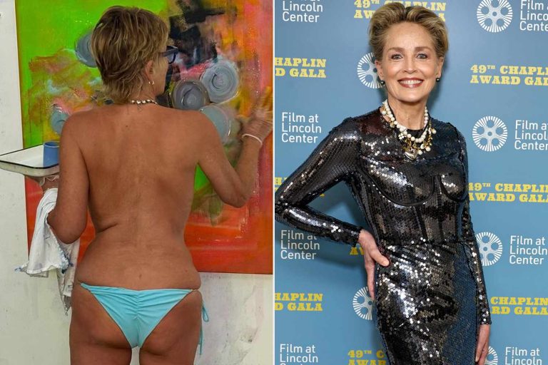 Sharon Stone Goes Topless and Cheeky in Bikini Bottom for Painting Session