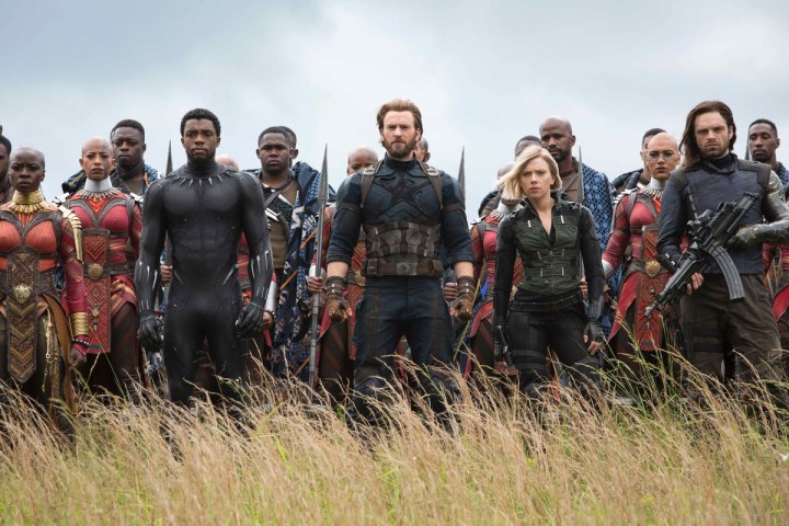 T'Challa, Captain America, and Black Widow stand in front of the Wakandan army in 'Avengers: Infinity War.'