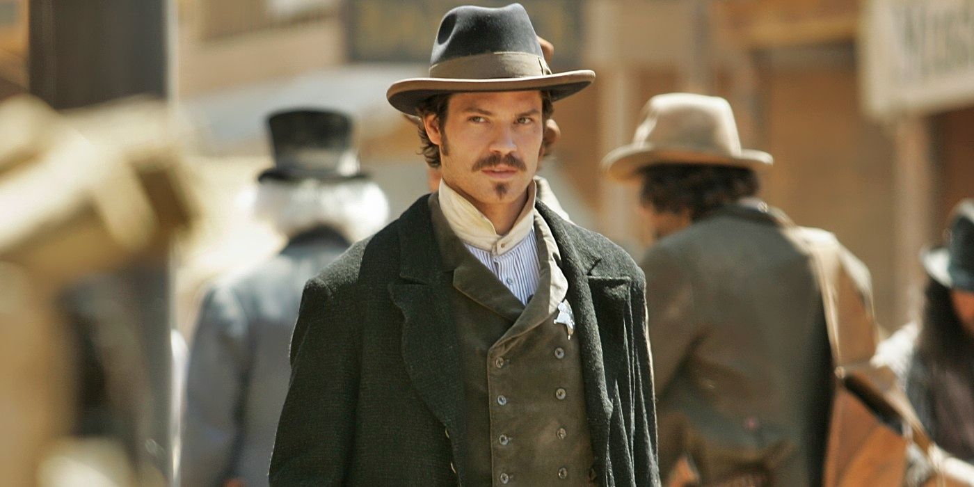 Timothy Olyphant as Seth Bullock, walking through the street in the Season 2 premiere of Deadwood