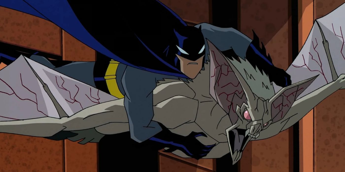 Batman wrestles with Man-Bat in midair in Batman: The Animated Series