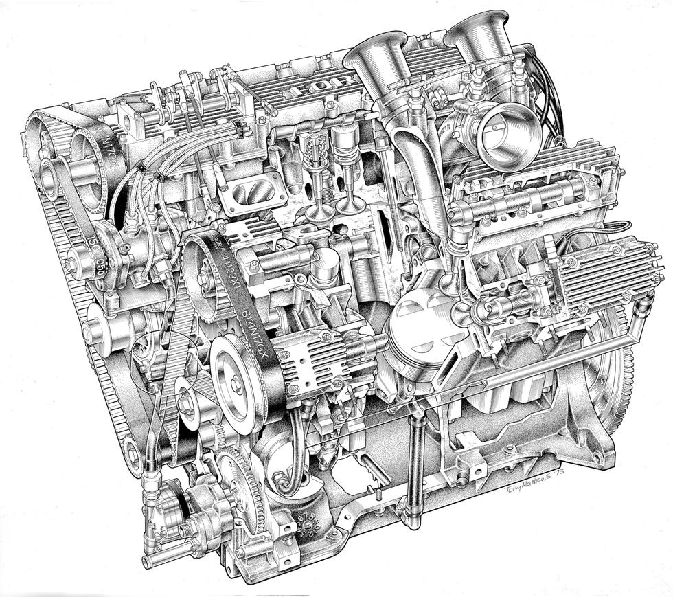 Drawing of the Ford Essex–based Cosworth GAA V-6