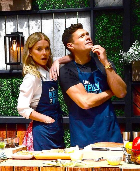 Kelly Ripa and Ryan Seacrest are seen on the set of 'Live with Kelly and Ryan' on July 7, 2022