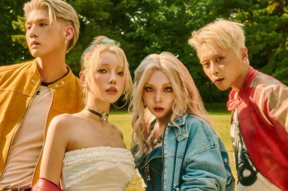 BM (from left), Somin, Jiwoo and J.seph of KARD. DSP Media