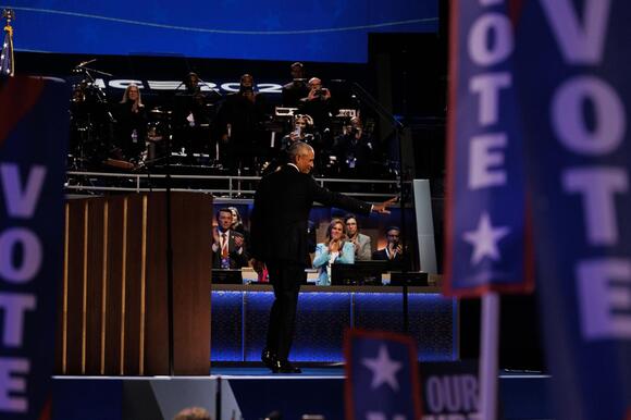 Former President Barack Obama departs after speaking