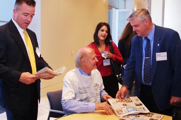 Bob Dubill at one of his last news meetings at the USA TODAY offices in McLean, Va., prior to his retirement on May 23, 2002.