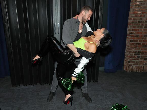 Artem Chigvintsev and Nikki Bella attend Brie and Nikki Bella’s live edition of SiriusXM’s The Bellas Podcast on February 08, 2023 in Phoenix, Arizona.