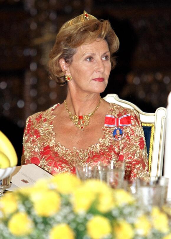 Queen Sonja of Norway at a state banquet in Romania