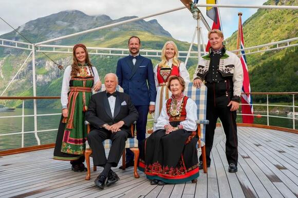 Norway's King Harald, Queen Sonja, Crown Prince Haakon, Crown Princess Mette-Marit, Princess Ingrid Alexandra, Prince Sverre Magnus pose for a group photo aboard the Royal Yacht ahead of the wedding.