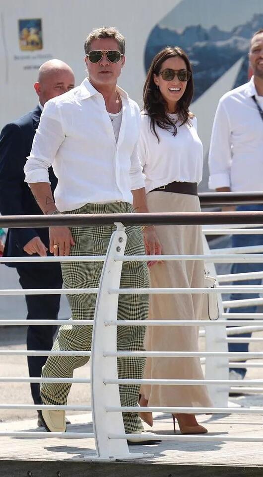 Brad Pitt and his girlfriend Ines de Ramon are seen arriving at Marco Polo Airport in Venice