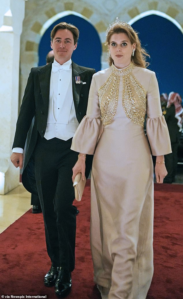 Princess Beatrice wears her elegant blush Reem Acra embellished gown alongside her husband Edoardo Mapelli Mozzi at the wedding reception of Crown Prince Al Hussein and Rajwa Alseif, June 2023