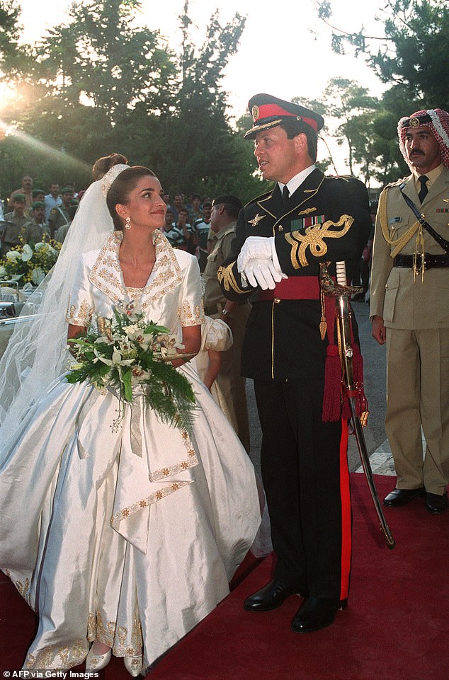 Rania on her wedding day with her husband Abdullah in 1993.