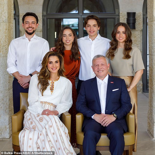 The Queen with her family - eldest son Crown Prince Hussein, Princess Salma, Prince Hashem, Princess Iman and King Abdullah II.