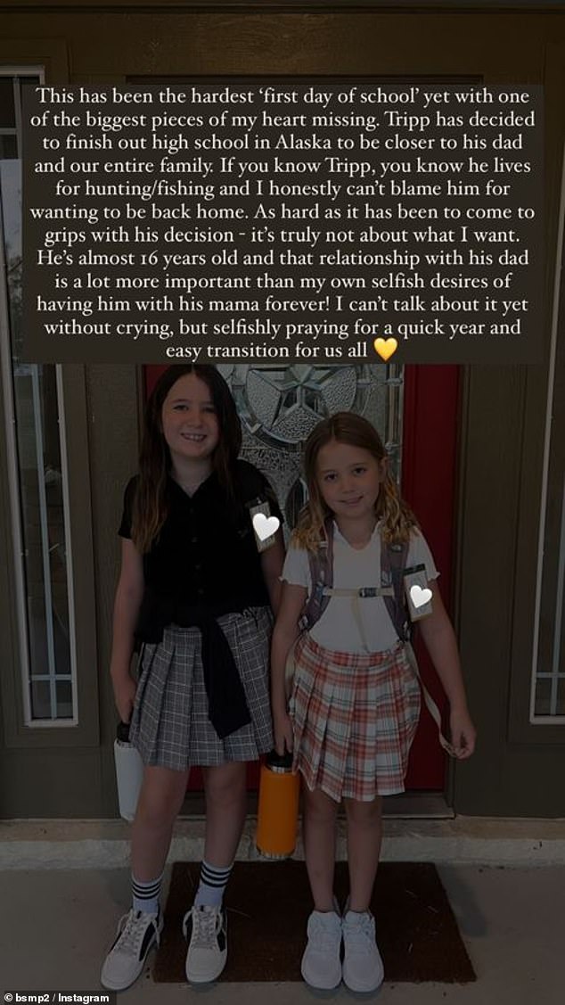 She posted an image of her two daughters on the doorstep of their home to commemorate their first day of school, while detailing the changing dynamic in her family