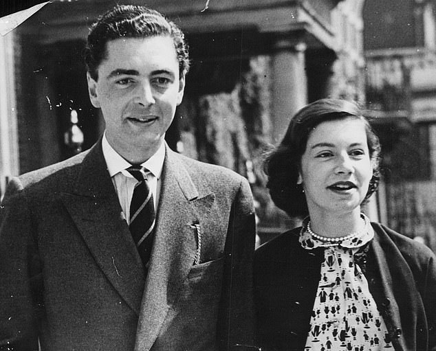 She married Queen Elizabeth's childhood friend the 13th Earl of Airlie David Ogilvy (pictured with Lady Virginia)