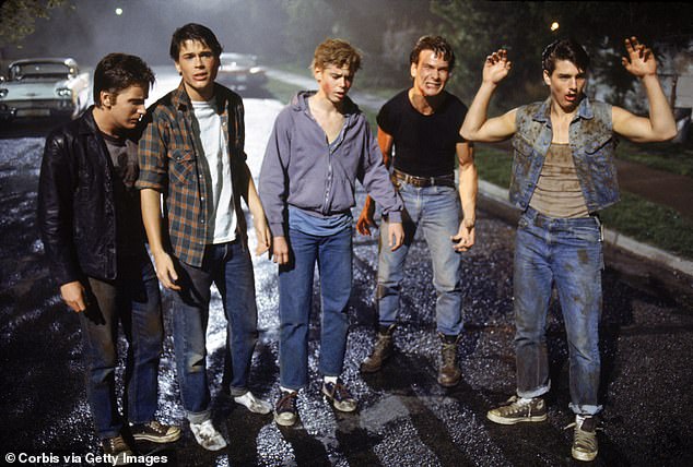 (L-R) Estevez, Lowe, Howell, Swayze and Cruise pictured on the set of The Outsiders