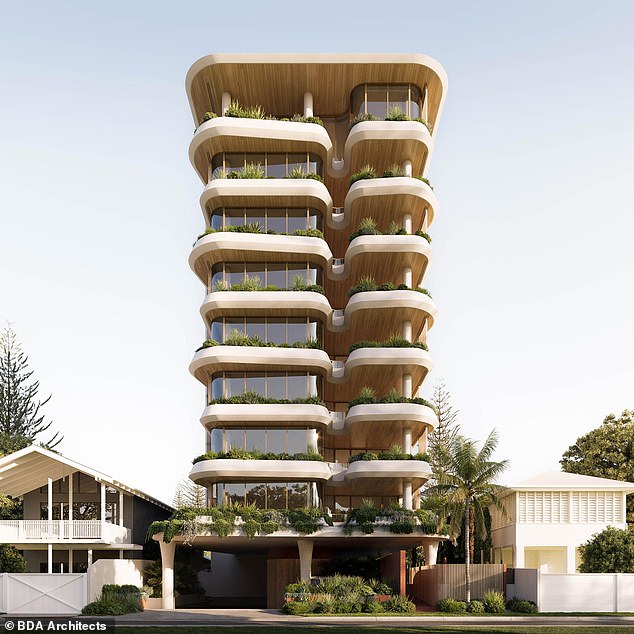 The nine storey tower will be built just a stone's throw from the waterside on two lots he snapped up for an eye-watering $5.2million over the last four years. Pictured: An artists impression of the block from BDA architects