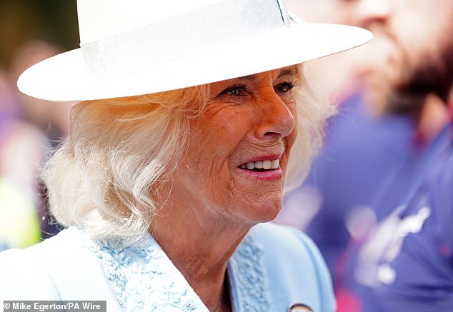 Pictured: Queen Camilla appeared in high spirits as she arrived at Ebor Festival at York Racecourse