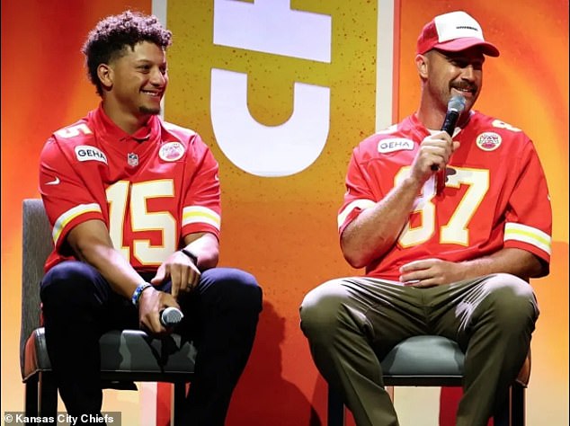 Patrick Mahomes (15) and Travis Kelce (87) take part in a preseason roster event in Missouri