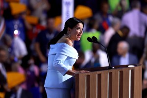 Ana Navarro speaks during the second day of the Democratic National Convention on Aug. 20 in Chicago, Safiyaa, powder blue dress, off-the-shoulder