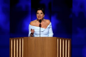 Ana Navarro speaks during the second day of the Democratic National Convention on Aug. 20 in Chicago, Safiyaa, powder blue dress, off-the-shoulder