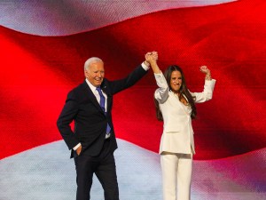 Joe and Ashley Biden on the first day of the Democratic National Convention in Chicago on Aug. 19, white suit, Kamala Harris