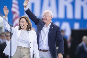 WISCONSIN, US - AUGUST 7: US Vice President Kamala Harris and Governor Tim Walz greet people as they attend presidential campaign rally at the High Country in Wisconsin, United States on August 7, 2024. (Photo by Christopher Mark Juhn/Anadolu via Getty Images)