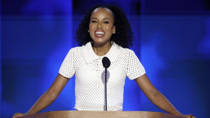 CHICAGO, ILLINOIS - AUGUST 22: Actor Kerry Washington speaks on stage during the final day of the Democratic National Convention at the United Center on August 22, 2024 in Chicago, Illinois. Delegates, politicians, and Democratic Party supporters are gathering in Chicago, as current Vice President Kamala Harris is named her party's presidential nominee. The DNC takes place from August 19-22. (Photo by Chip Somodevilla/Getty Images)