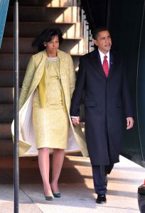 Michelle Obama and President Barack Obama ahead of his inauguration in 2009, Isabel Toledo, wool lace, lemongrass