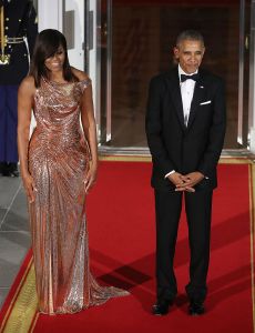 Michelle Obama and President Barack Obama at a White House state dinner in 2016, Atelier Versace, rose gold gown, chainmail