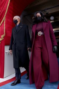 President Barack Obama and Michelle Obama attend the inauguration of President Joe Biden in 2021, maroon, plum, Sergio Hudson