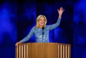 Jill Biden in custom Ralph Lauren onstage during night one of the Democratic National Convention on Aug. 19 in Chicago.