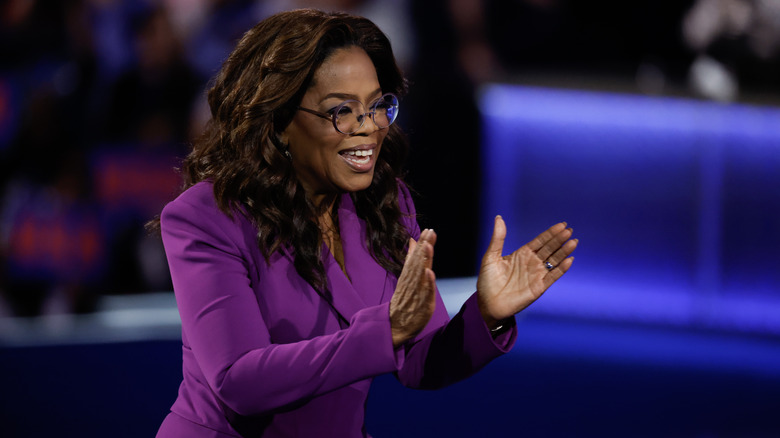 Oprah giving a speech at the 2024 DNC