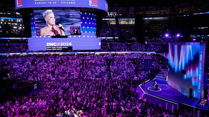 CHICAGO, ILLINOIS - AUGUST 22: Musician P!NK performs during the final day of the Democratic National Convention at the United Center on August 22, 2024 in Chicago, Illinois. Delegates, politicians, and Democratic Party supporters are gathering in Chicago, as current Vice President Kamala Harris is named her party's presidential nominee. The DNC takes place from August 19-22. (Photo by Chip Somodevilla/Getty Images)