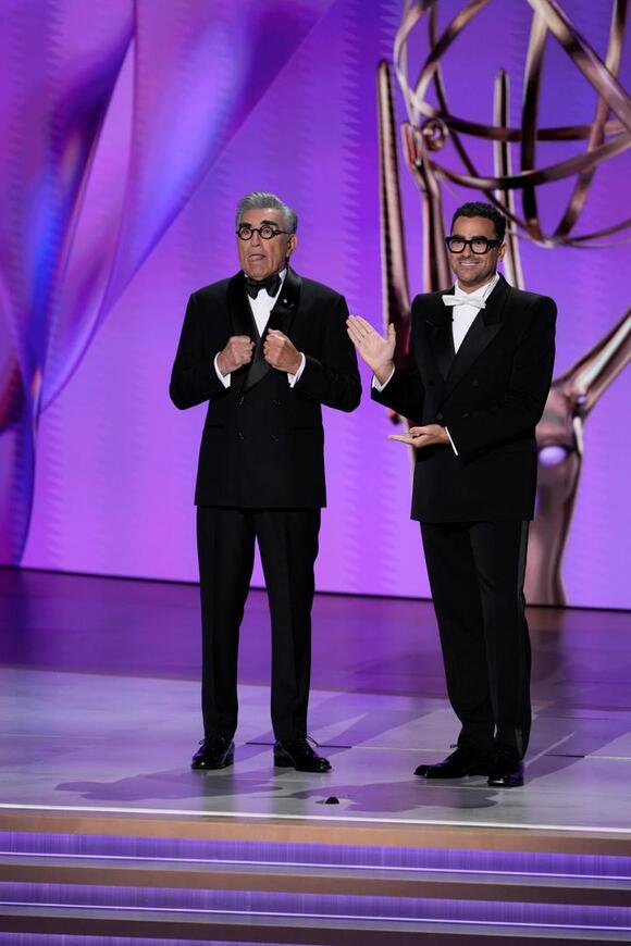 Eugene Levy and Dan Levy open the 76th Primetime Emmy Awards with a sweet monologue.