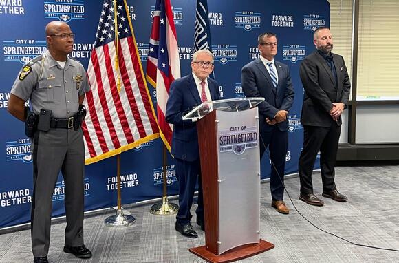 Ohio Governor Mike DeWine addresses the media