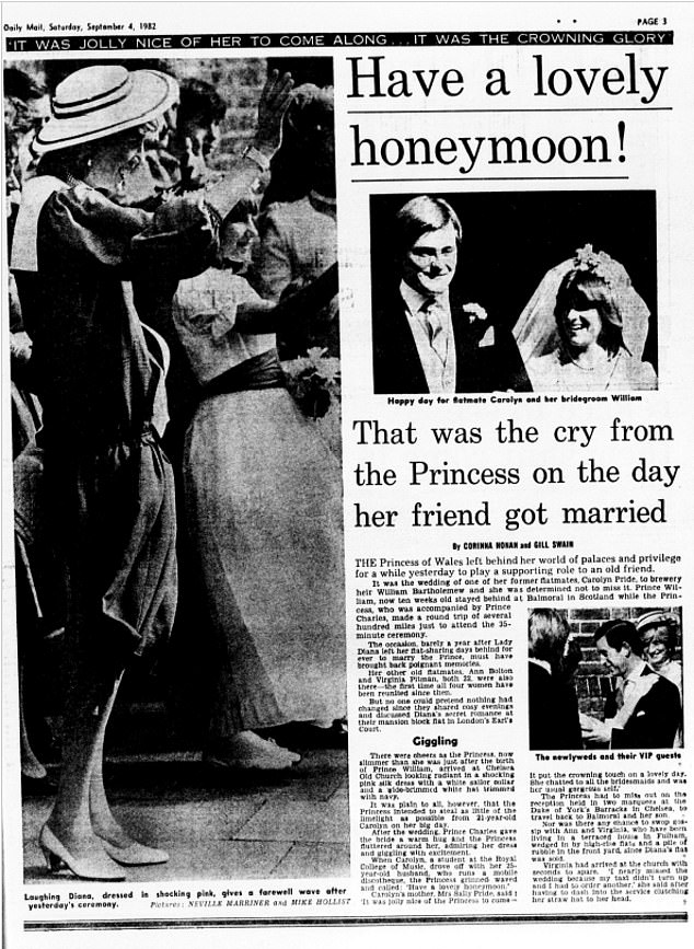 A Daily Mail newspaper report from the wedding detailing how Diana said to the newly wed couple, 'Have a lovely honeymoon'