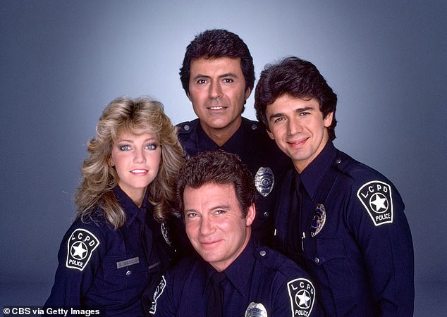 Darren was also renowned for his recurring role as police officer Jim Corrigan on the drama series T.J. Hooker; from left to right: Heather Locklear, James, Adrian Zmed and William Shatner (in front) seen in a 1985 promo still from T.J. Hooker